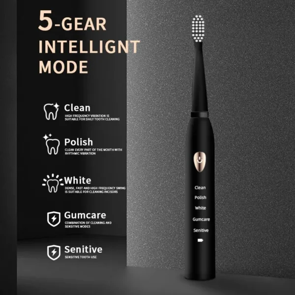 Jianpai Adult Black White Classic Acoustic Electric Toothbrush Adult 5-gear Mode USB Charging IPX7 Waterproof Acoustic Electric - Image 2